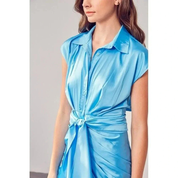 NEW DO + BE Blue satin collar dress tie front ruched mini party size MEDIUM - Picture 3 of 10